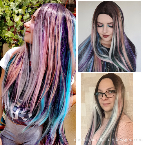 Hot Sale 24inch Win Red Rainbow Long Straight Hair Wig Ombre Heat Resistant Full Cheap Woman Synthetic Hair Wigs Cosplay